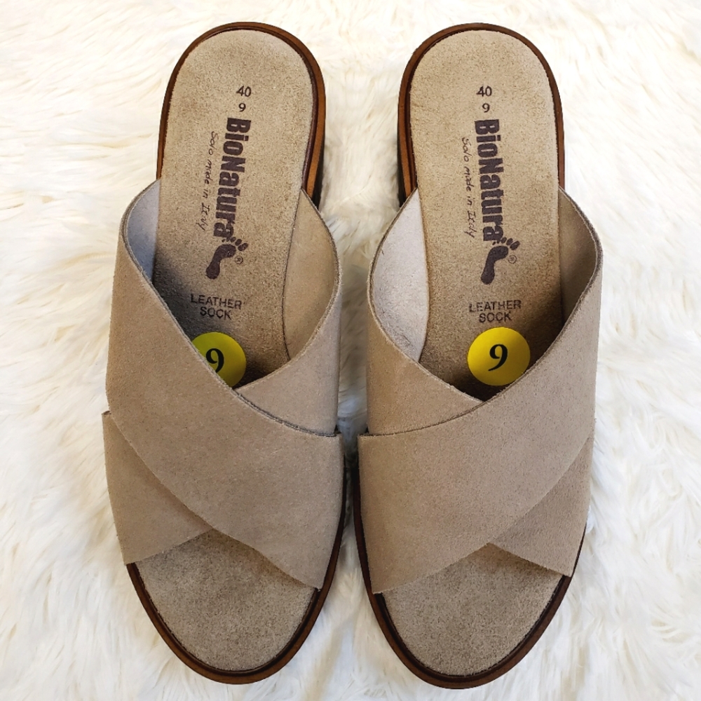 BIONATURA Tan Suede Leather Open Toe Chunky Block Heel Sandal--NEW--9
